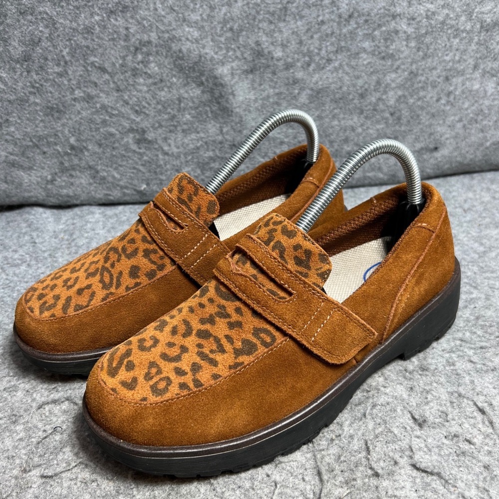 Orthofeet Womens Brown Suede Leopard Print Penny Loafers Comfort Shoes 8D Wde